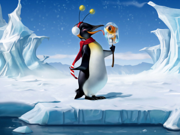 Обои картинки фото рисованные, животные, пингвин, лёд, леденец, рыбка