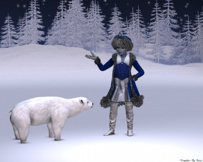 Картинка 3д графика people люди девушка лес медведь снег