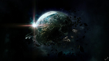 Картинка космос арт звезда кольца обломки планета разрушение астероиды