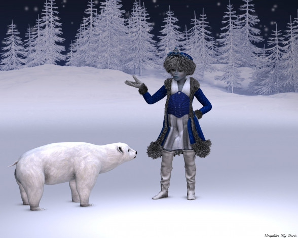 Обои картинки фото 3д, графика, people, люди, девушка, лес, медведь, снег