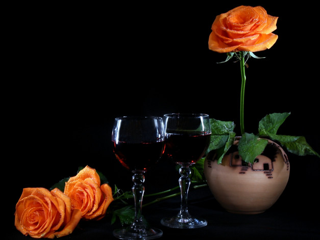 Обои картинки фото цветы, розы, бокалы, ваза
