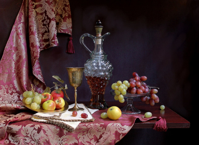 Обои картинки фото еда, натюрморт, бокал, вино, виноград, яблоки