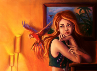 Картинка рисованное люди картина свет комната попугай девушка взгляд рыжая