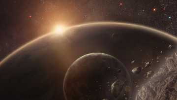 Картинка космос арт планеты метеориты сияние
