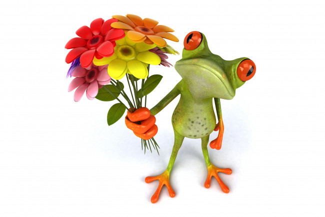 Обои картинки фото 3д графика, юмор , humor, flowers, лягушка, funny, frog