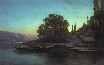 Картинка рисованное живопись лодка холст река переправа ночной пейзаж пётр суходольский масло