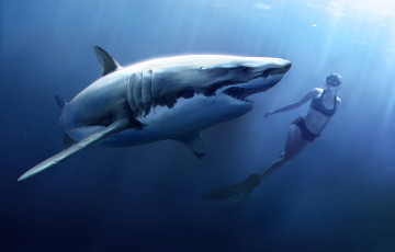 Картинка рисованное животные пловец девушка акула рыба вода челюсти подводный мир аквалангист attack shark
