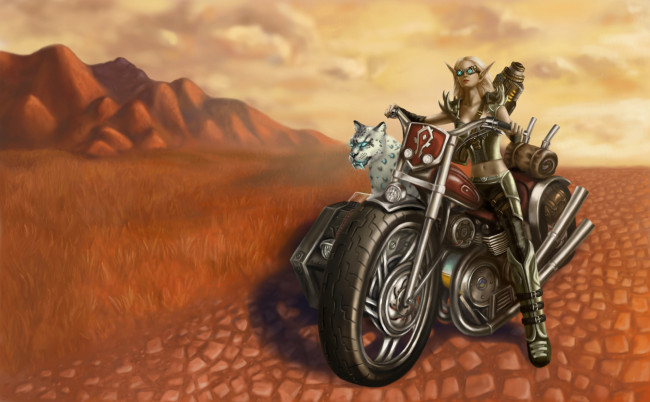 Обои картинки фото фэнтези, эльфы, мотоцикл, тигр, фон, девушка, world of warcraft