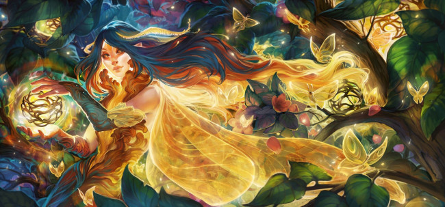 Обои картинки фото фэнтези, феи, девушка, крылья, бабочки, деревья, магия, шар