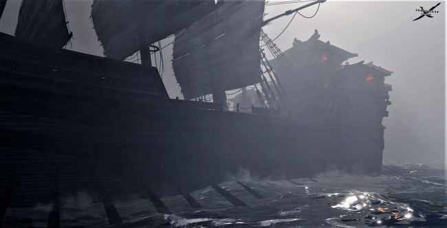 Обои картинки фото фэнтези, _ghost blade ,  призрачный клинок, корабль, туман, море