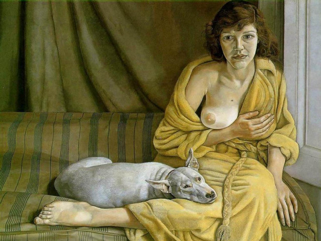 Обои картинки фото lucian, freud, girl, with, white, dog, рисованные, люди