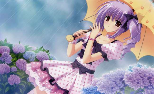 Обои картинки фото аниме, *unknown, другое, девушка, взгляд, платье, зонтик, дождь, цветы