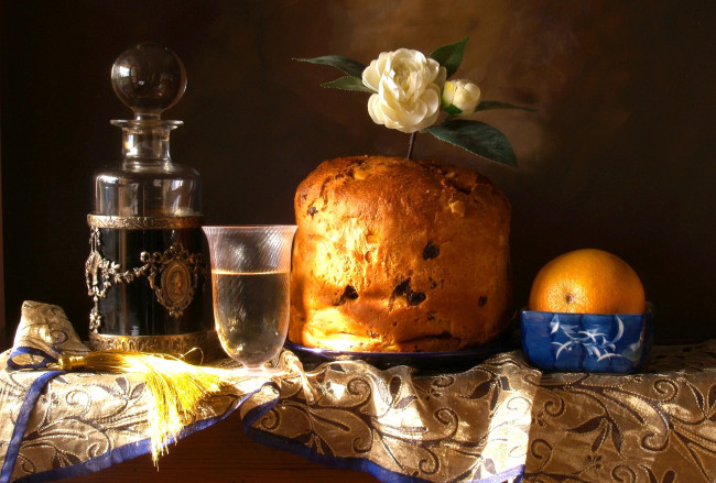 Обои картинки фото еда, натюрморт, бокал, апельсин, бутылка, гардения