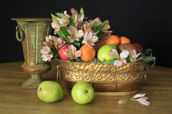 Картинка еда натюрморт мандарины груши яблоки ваза альстромерия
