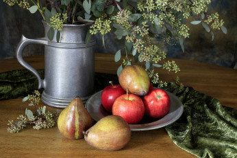 Картинка еда натюрморт яблоки груши ваза