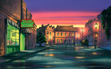 Картинка lady and the tramp мультфильмы повозка ресторан улица дома фонари