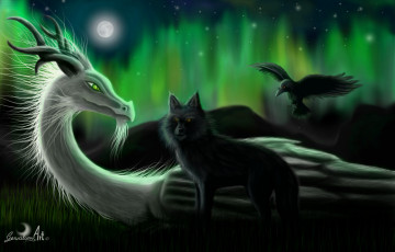 Картинка фэнтези существа ворон змей волк луна трава звёзды