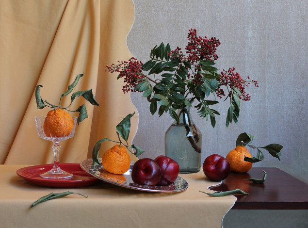 Обои картинки фото еда, натюрморт, сливы, мандарины, ягоды