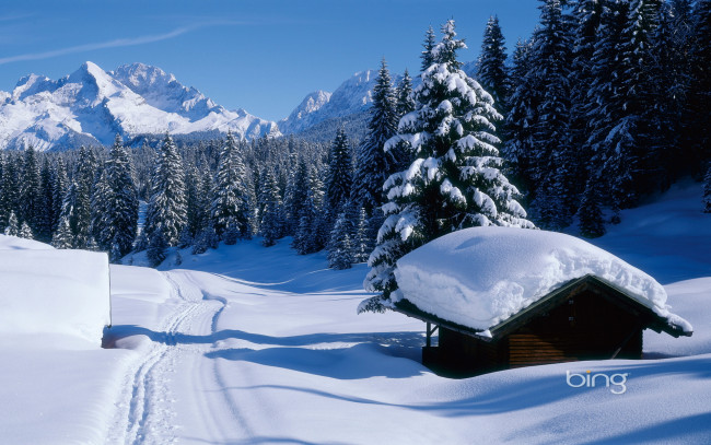 Обои картинки фото природа, зима, снгег, дома, лес, горы
