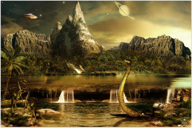 Обои картинки фото фэнтези, пейзажи, горы, озеро, динозавры