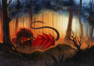 Картинка фэнтези драконы дракон лес белка трава