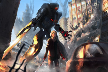 Картинка фэнтези красавицы+и+чудовища девушка разрушения руины постапокалипсис робот