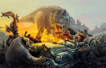 Картинка фэнтези люди иной мир стимпанк автомобиль динозавры бандиты бой