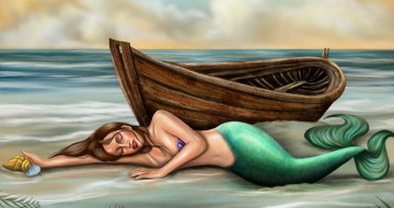 Картинка фэнтези русалки русалка берег море ракушка лодка