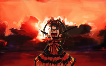 Картинка by+zxhautumn аниме date+a+live закат tokisaki kurumi девушка платье оружие