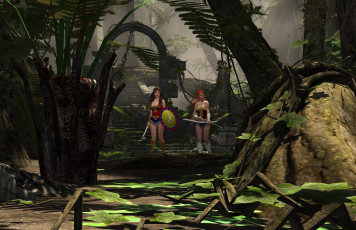 Картинка 3д+графика фантазия+ fantasy девушки взгляд фон оружие щит лес супермены