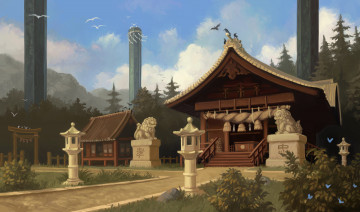 Картинка рисованное города скульптуры деревья дом горы