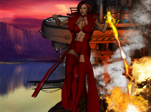 Обои картинки фото 3д графика, фантазия , fantasy, девушка, огонь, фон, взгляд