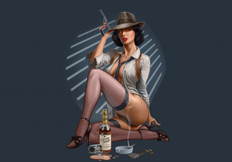 Картинка рисованное люди фон девушка сигарета шляпа взгляд пистолет бутылка