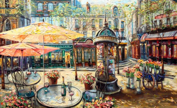 Картинка рисованное живопись дома бокалы вино цветы столы стулья листья осень кафе здания город улица