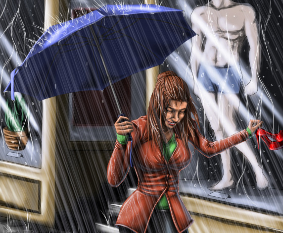 Обои картинки фото рисованное, люди, дождь, зонтик, фон, взгляд, девушка