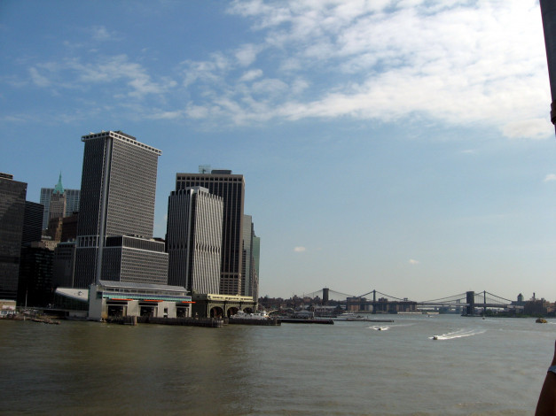 Обои картинки фото города, нью-йорк , сша, река, небоскребы, мост