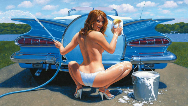 Обои картинки фото рисованное, люди, мытьё, машины, девушка, пена, автомобиль