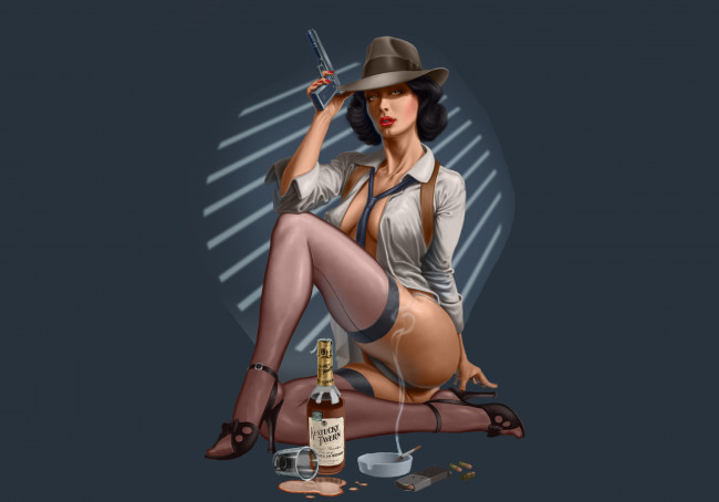 Обои картинки фото рисованное, люди, фон, девушка, сигарета, шляпа, взгляд, пистолет, бутылка