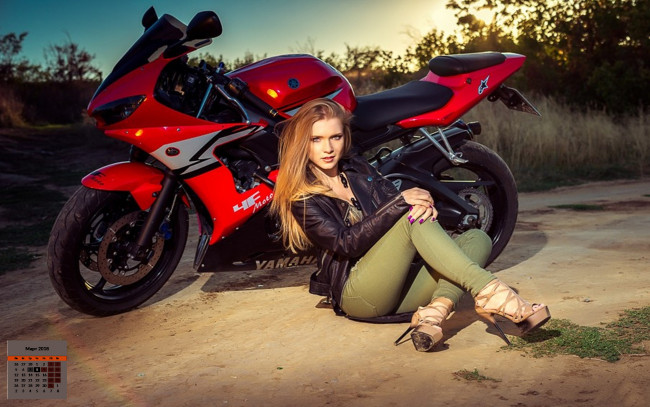 Обои картинки фото календари, девушки, взгляд, мотоцикл, 2018