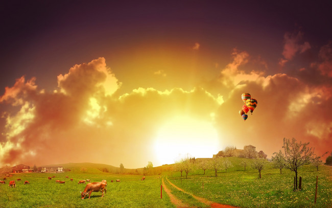Обои картинки фото разное, компьютерный дизайн, луга, ферма, шары, закат, облака, небо, коровы