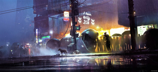 Обои картинки фото фэнтези, иные миры,  иные времена, город, люди, дождь, собака, переход