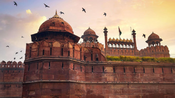 Картинка города -+столицы+государств историческая цитадель дели эпоха великих моголов красный форт укрепление индия рассвет голуби
