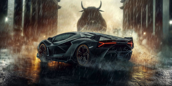 Обои картинки фото автомобили, 3д, черный, lamborghini, дождь, бык, арт, bull, revuelto