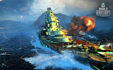 Картинка видео+игры world+of+warships корабль пушки выстрел море горы