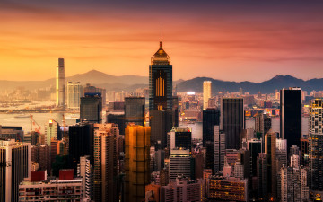 Картинка города гонконг китай небоскребы закат здания залив hong kong
