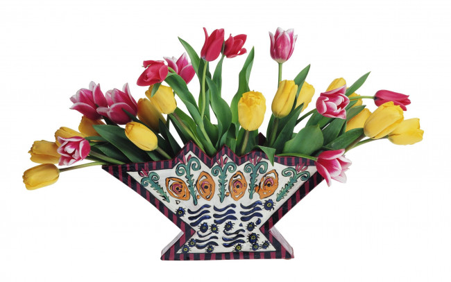 Обои картинки фото цветы, тюльпаны, ваза, желтый, красный, двухцветный