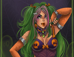 Картинка фэнтези девушки праздник хэллоуин волосы бантики черепа рука кольца