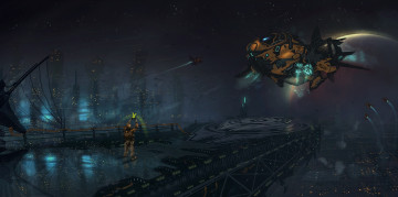 Картинка фэнтези космические корабли звездолеты станции летательный аппарат посадка площадка человек город
