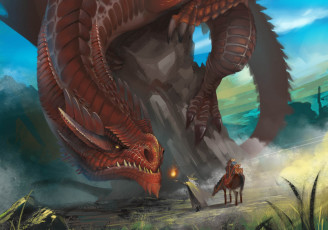 Картинка фэнтези драконы дракон гигантский скала лошадь старик волшебник огонь