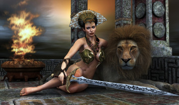 Картинка 3д+графика fantasy+ фантазия лев меч девушка
